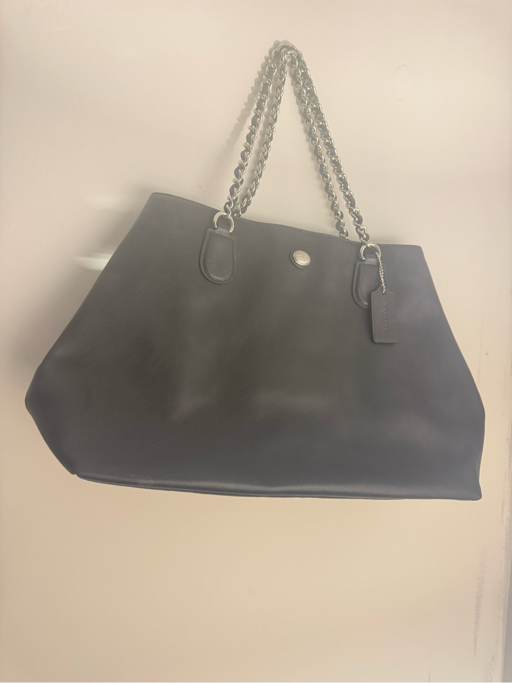 Coach Peyton Black Leather Tote with Silver Chain Handles
